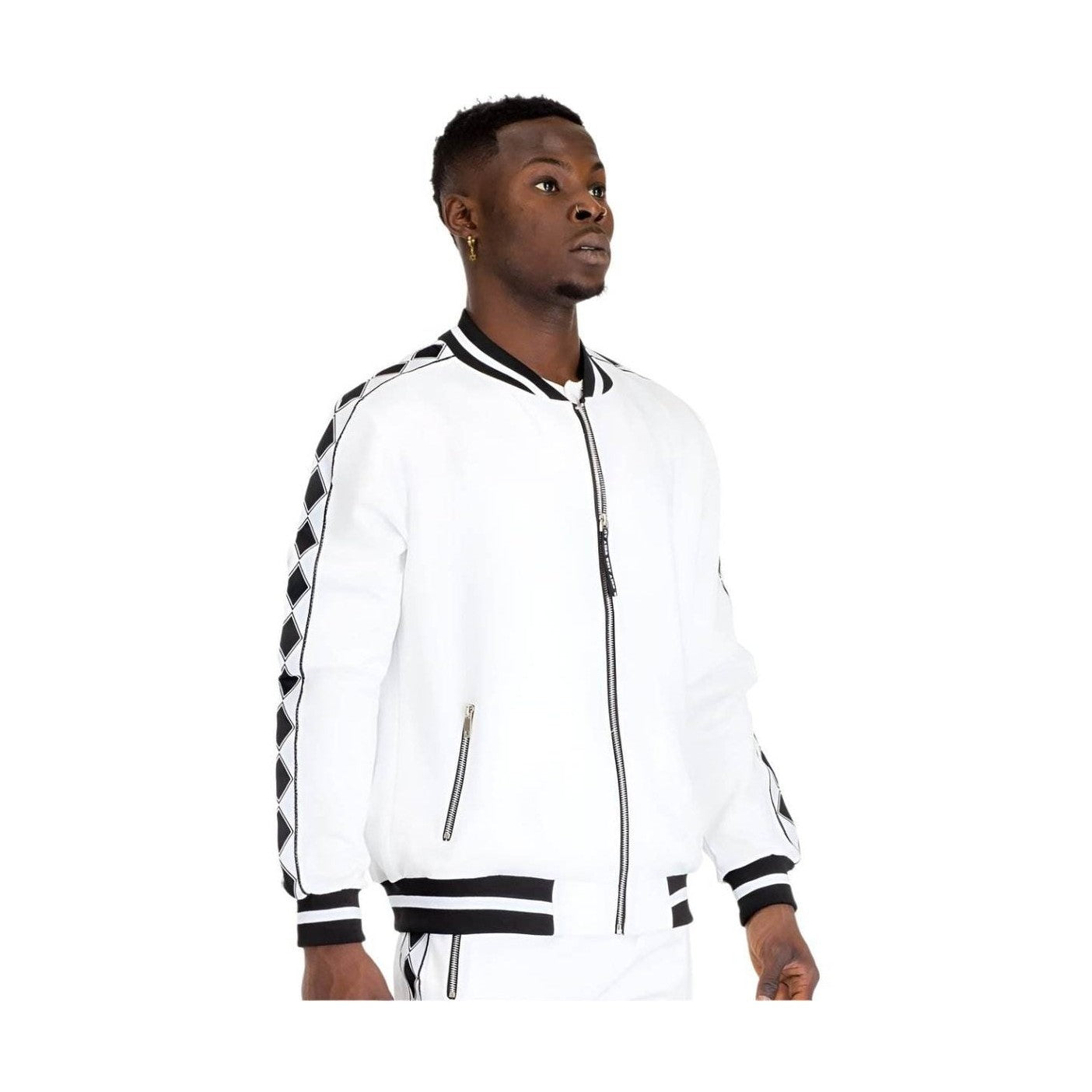 Mens white zip up jacket by VacationGrabs with stylish side detailing and a comfortable fit