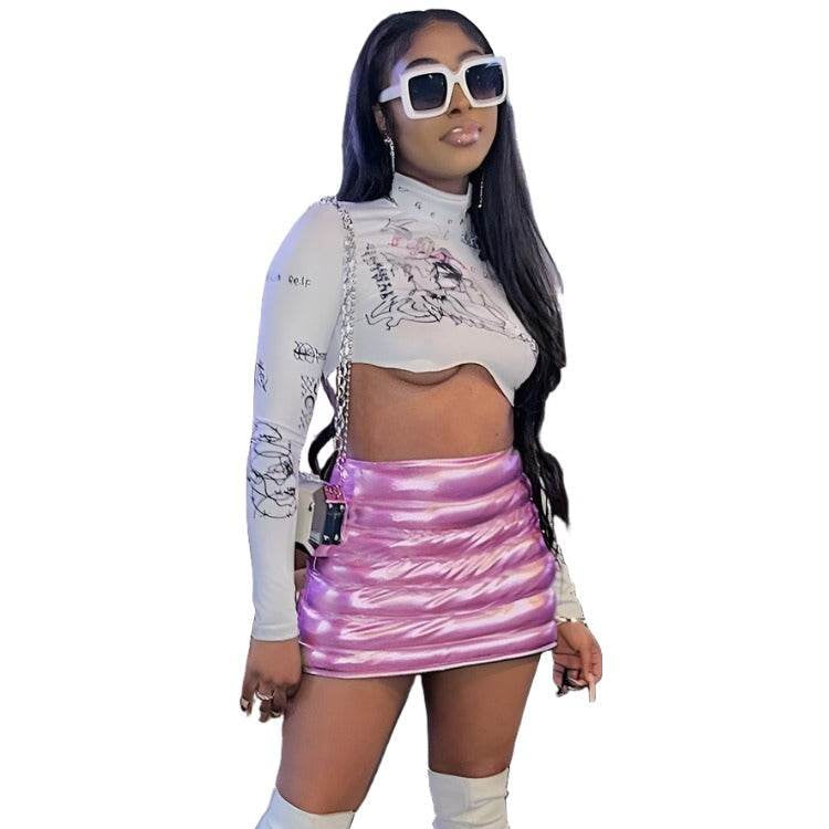 Trendy Metallic Pink Puffer Skirt paired with a stylish top and knee-high boots for a chic look
