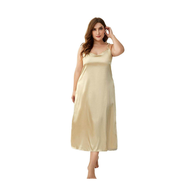 Elegant gold midi night dress for women with adjustable straps, perfect for sleep and lounge wear