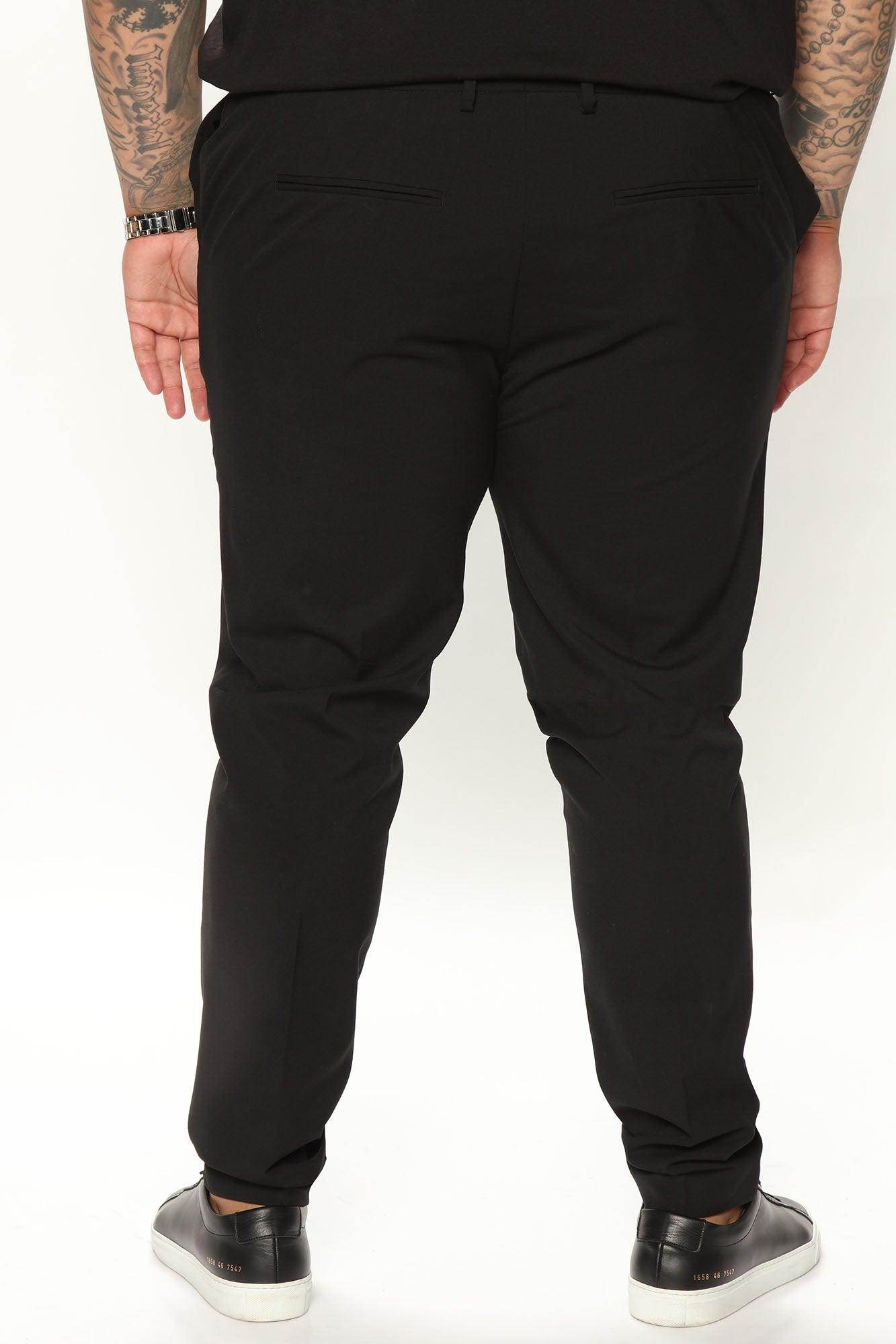 Men's Fashion Nova modern slim fit trousers black showcased from the back with stylish design details