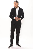 Men's modern slim fit trousers black paired with a sleek blazer and formal shirt for a stylish look