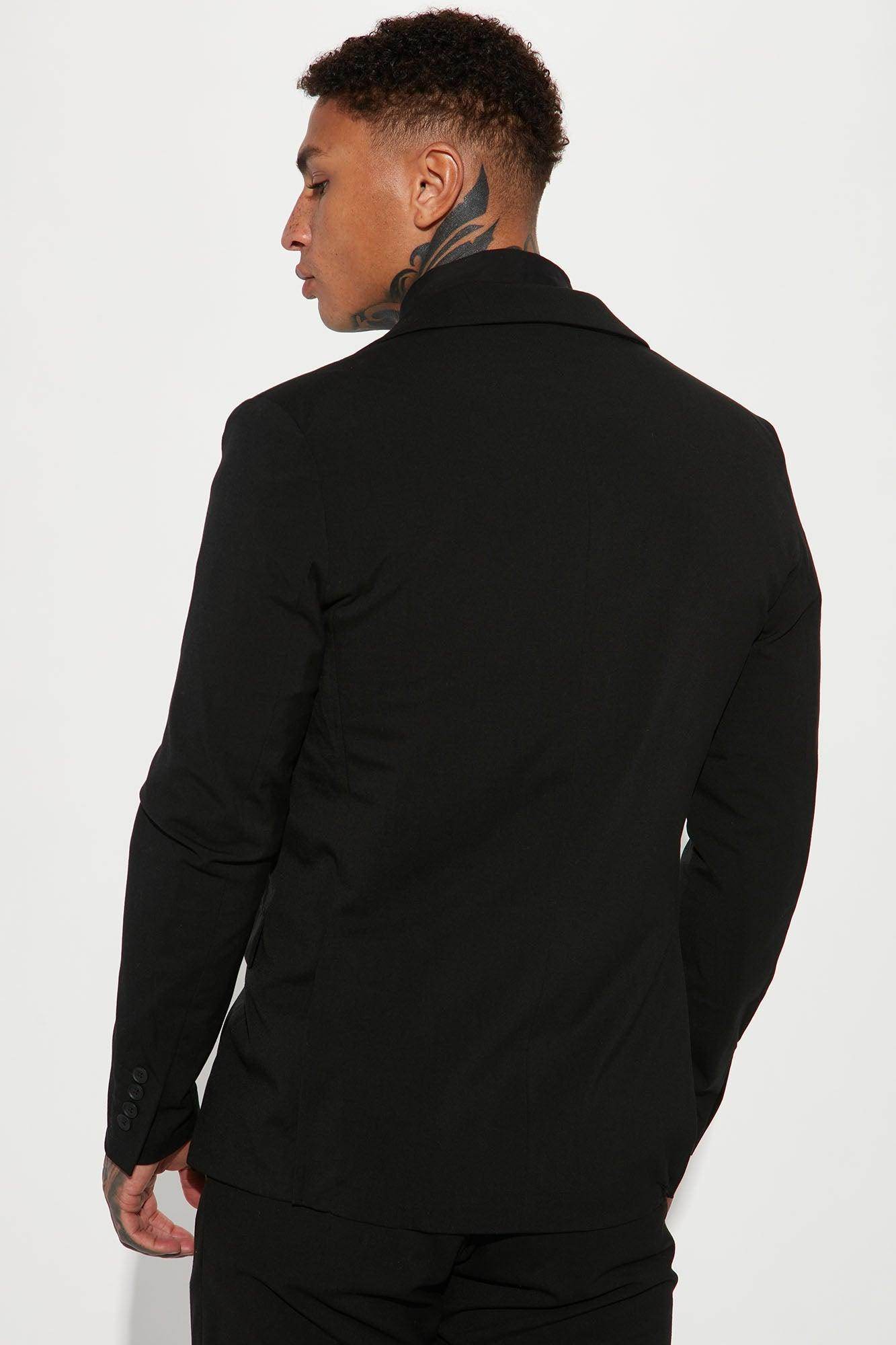 Men's black modern suit jacket for men with a slim fit design, perfect for formal occasions