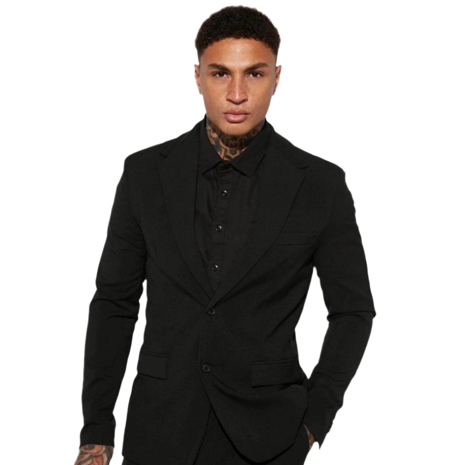 Fashion Nova modern suit jacket for men in black, tailored fit with single button closure