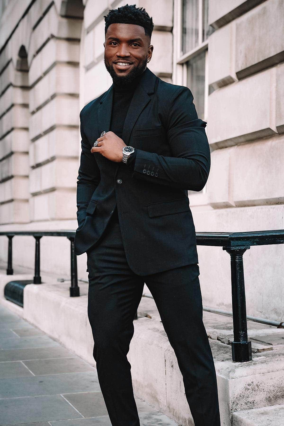 Fashion Nova modern suit jacket for men in black, styled with slim-fit trousers for a sleek look