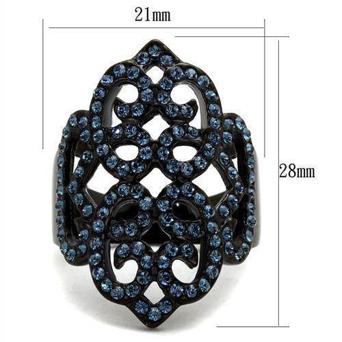 Montana Queen ring in black with intricate design and blue crystals, perfect for stylish women