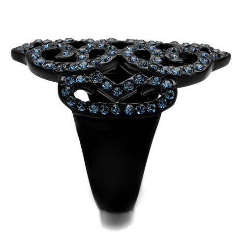 Montana Queen ring designed with black metal and sparkling blue rhinestones for elegant women jewelry