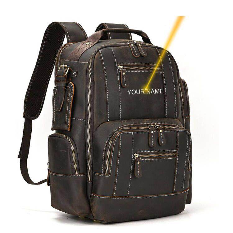 Multipocket travel backpacks in brown leather with customizable name feature and multiple storage compartments