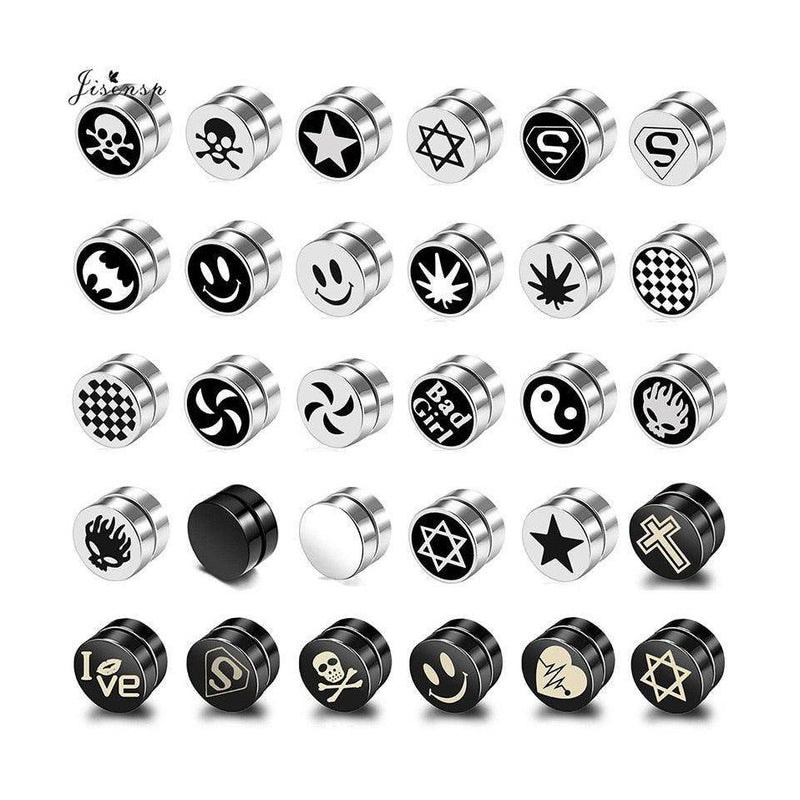 Variety of non-pierced earrings studs with stylish designs including stars, skulls, and smiley faces