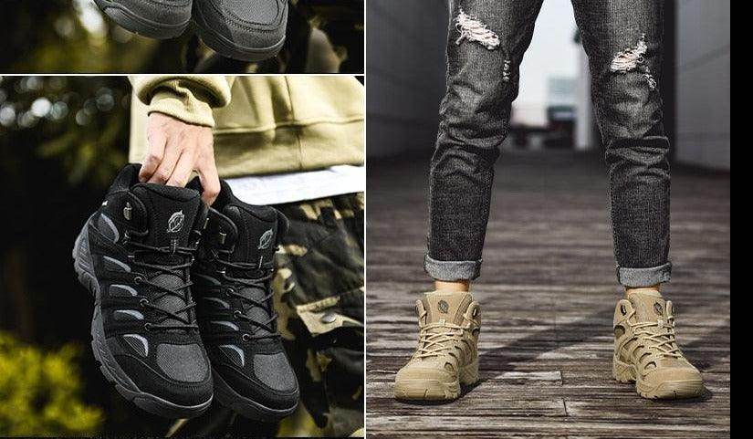 VacationGrabs non-slip tactical ankle boots in black and tan for outdoor adventures and rugged use