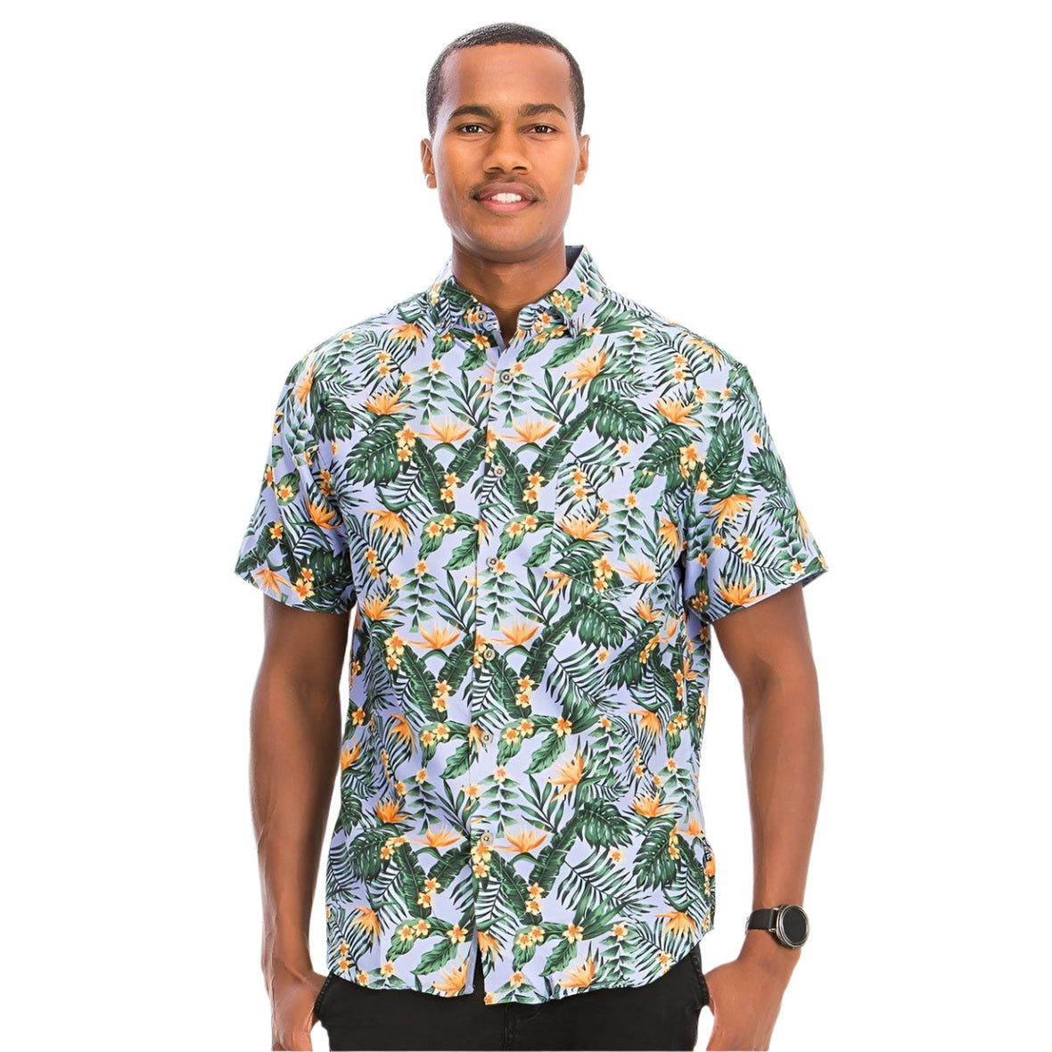 Men's Orange Hawaiian Print Shirt with Tropical Floral Design from VacationGrabs for Casual Summer Wear