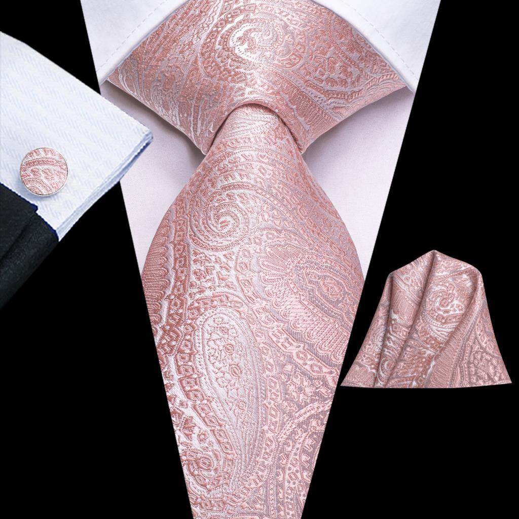 Elegant rose gold paisley necktie for weddings paired with matching pocket square and cufflinks