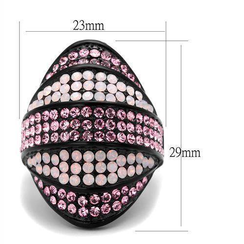 Stylish black ring adorned with pale pink crystal rings in a modern design