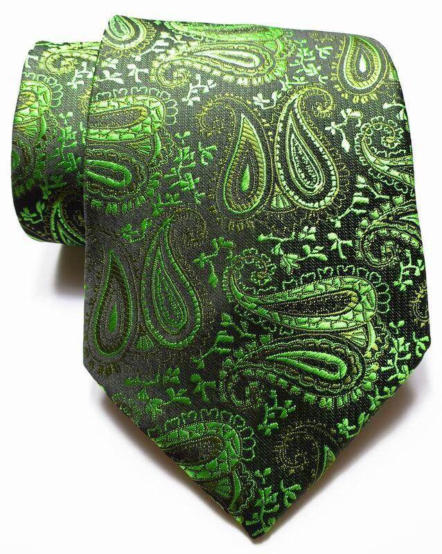 Patterned silk neckties in vibrant green paisley design, perfect for formal occasions
