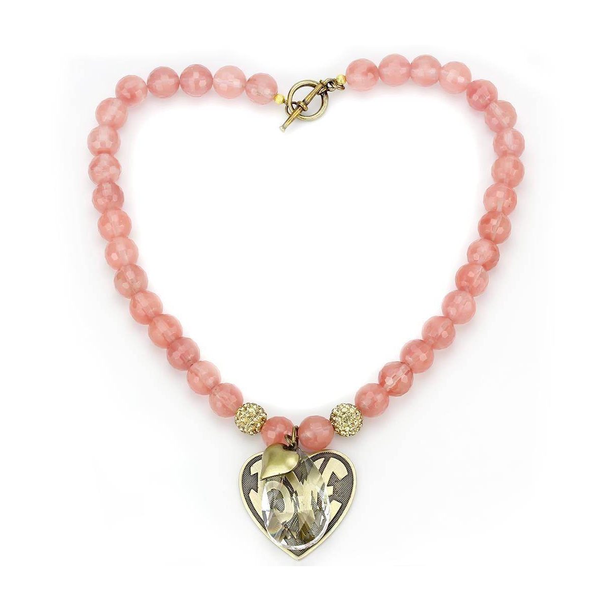 Pink beaded heart pendant necklace featuring gold accents and a sparkling centerpiece