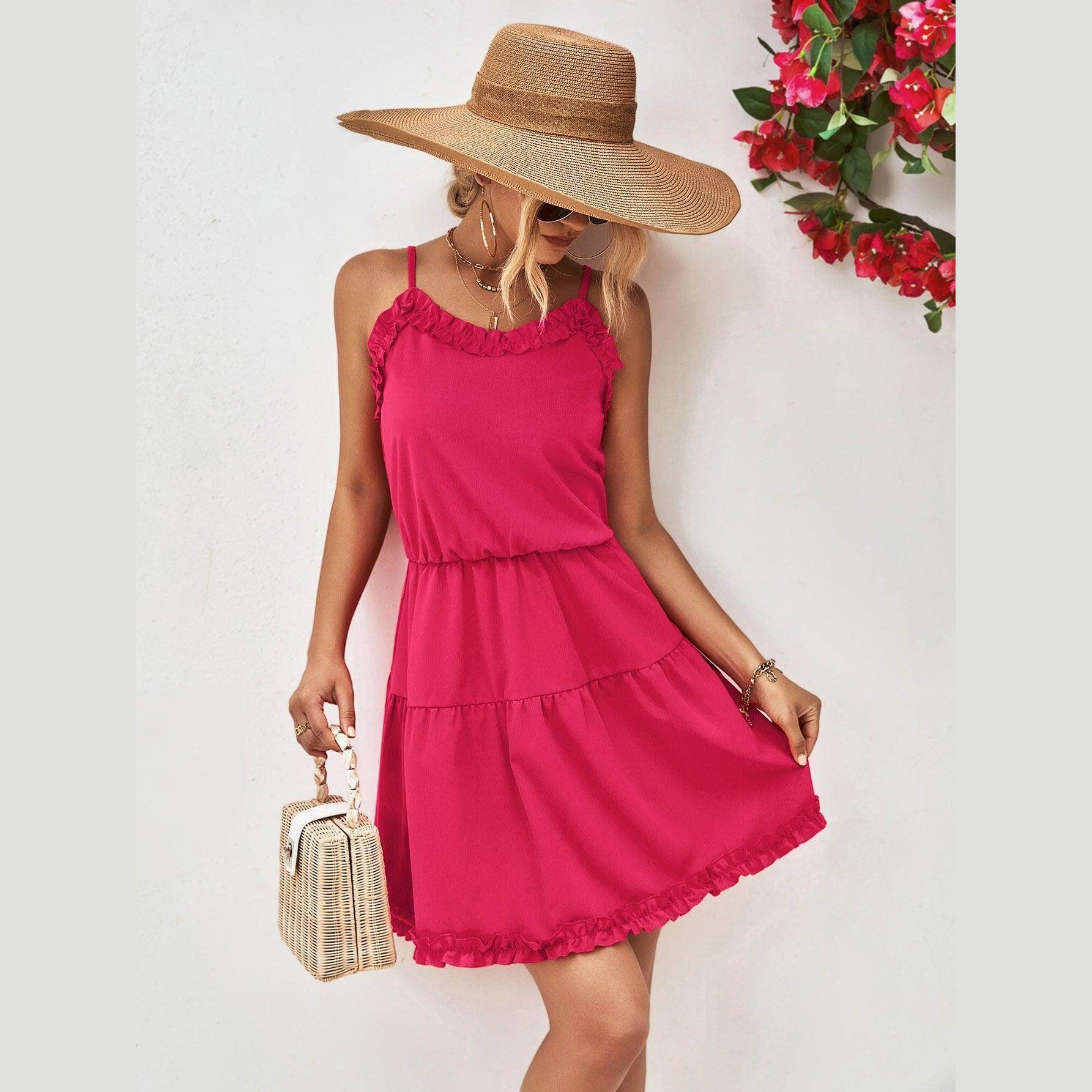 Trendsi pink frill dress for vacation with layered design and adjustable straps, perfect for beach wear