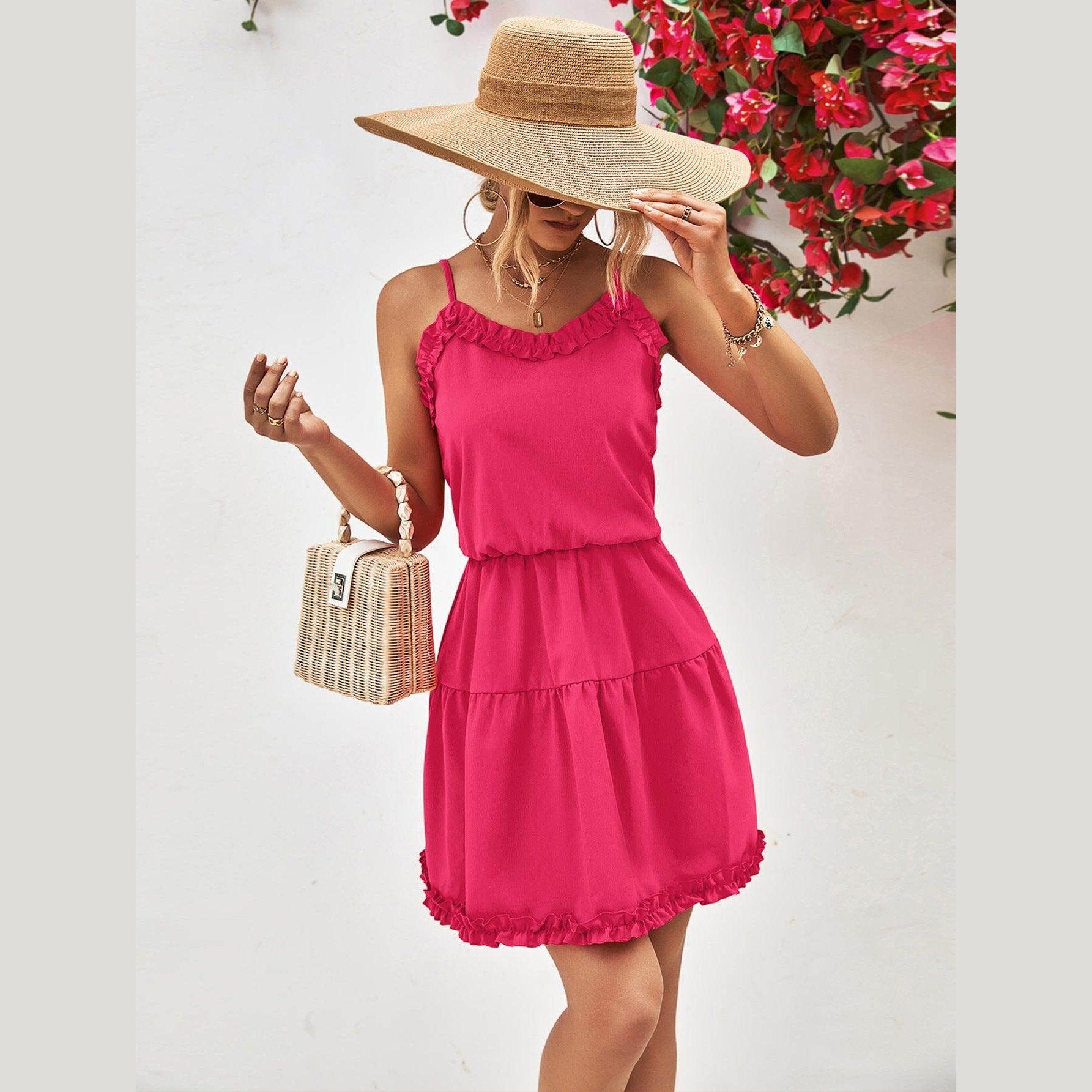 Trendsi pink frill dress for vacation with ruffled details and adjustable straps, perfect for sunny getaways