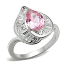 Elegant pink gemstone silver ring with a pear-shaped pink stone and shimmering accent stones