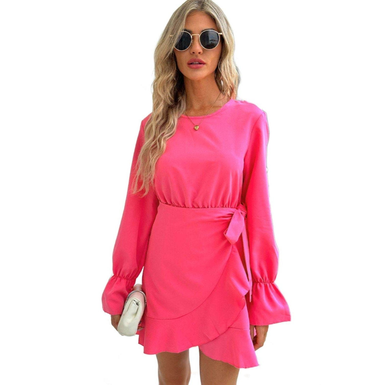 Trendsi pink vacation dress with long sleeves and a stylish ruffled hem for summer outings