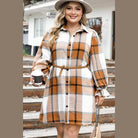 Trendsi women's plaid dress with buttons in orange and white, featuring a belted waist and long sleeves