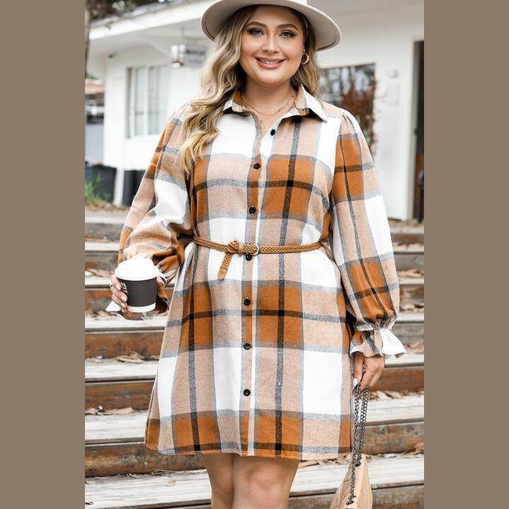 Trendsi women's plaid dress with buttons in orange and white, featuring a belted waist and long sleeves