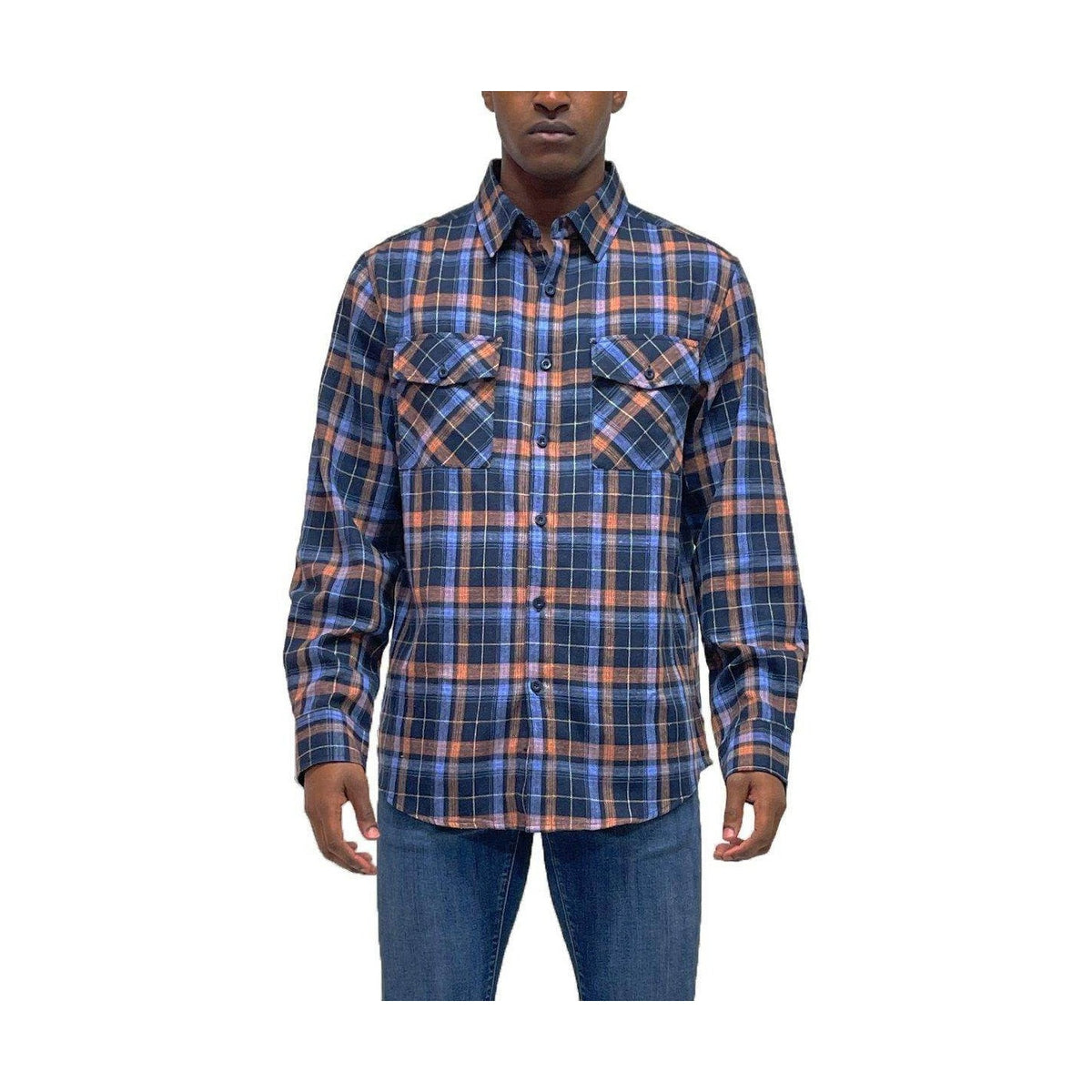 Men's VacationGrabs plaid shirt vacation style in blue and orange with two chest pockets