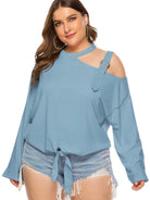 Trendsi plus size cold shoulder top in light blue with trendy tie detail and shoulder strap design