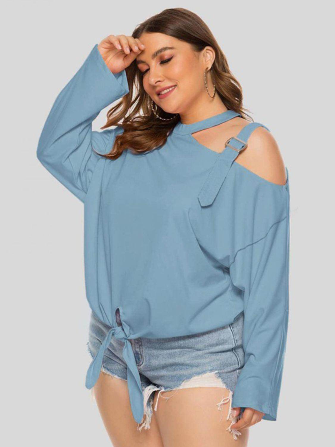 Trendsi plus size cold shoulder top in blue with a trendy knot design for a stylish look
