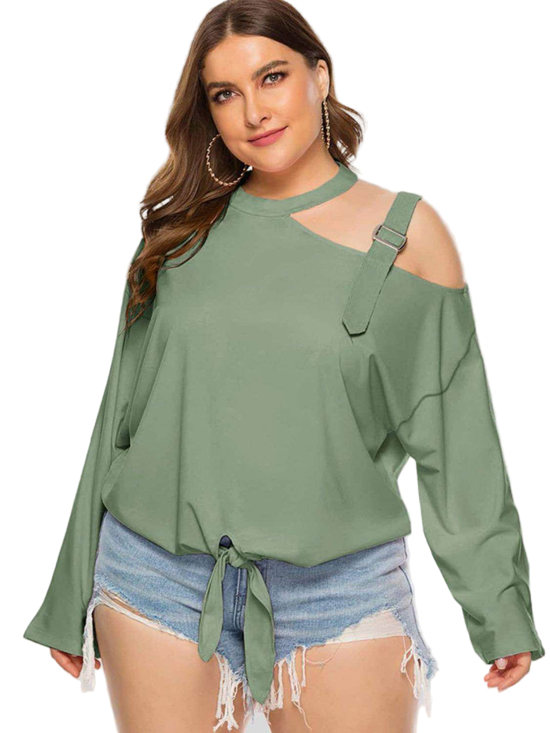 Trendsi plus size cold shoulder top in green with long sleeves and stylish tie detail