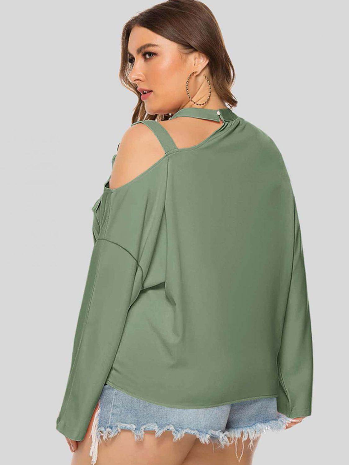 Trendsi plus size cold shoulder top in green with stylish open shoulder design for a trendy look