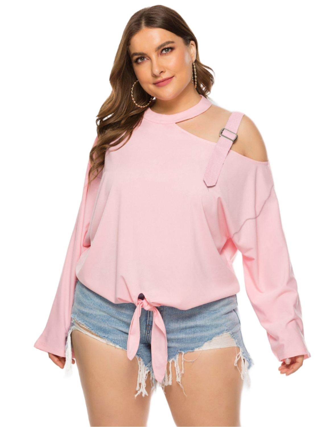 Trendsi plus size cold shoulder top in pink with a stylish tie front design and long sleeves