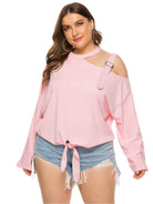 Trendsi plus size cold shoulder top in pink with a stylish tie front design and long sleeves