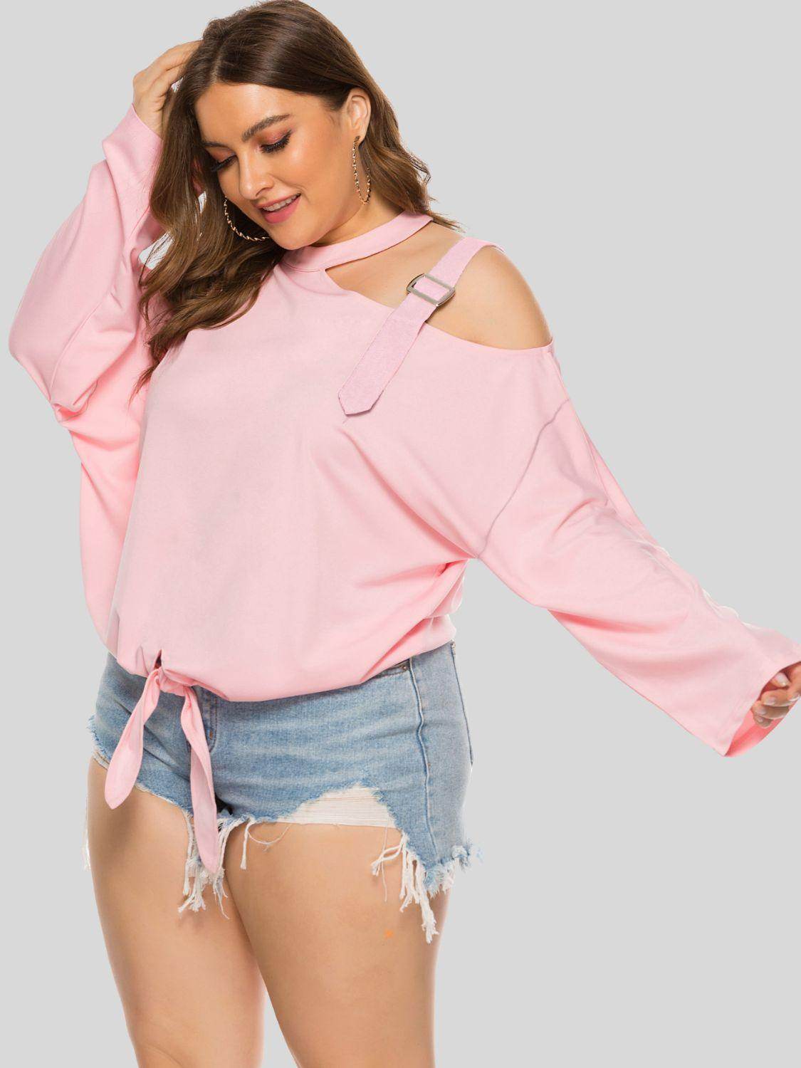 Trendsi plus size cold shoulder top in pink with a trendy design and adjustable straps