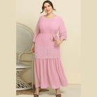 Trendsi plus size lace dress in pink with elegant lace details and a stylish belt for women