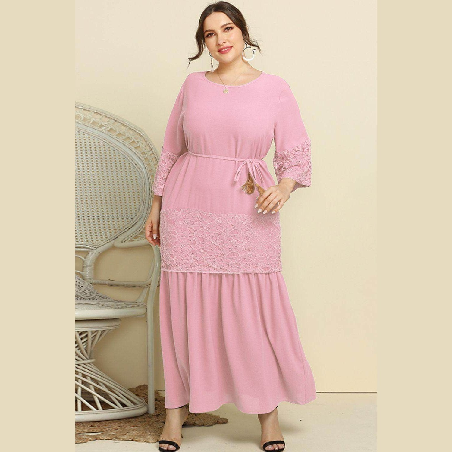 Trendsi plus size lace dress in pink with elegant lace details and a stylish belt for women