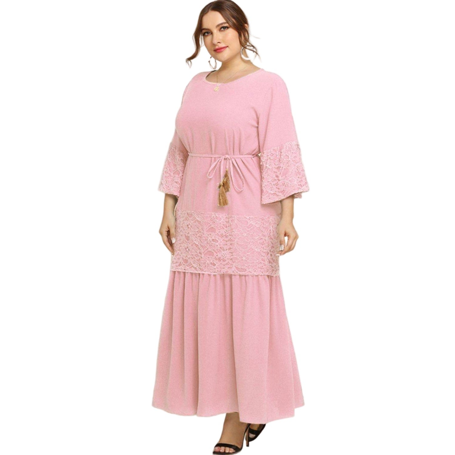 Trendsi plus size lace dress in soft pink with bell sleeves and a cinched waist for a flattering fit