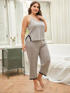 Trendsi plus size lace pajama set in gray with lace trim for comfortable sleep and loungewear
