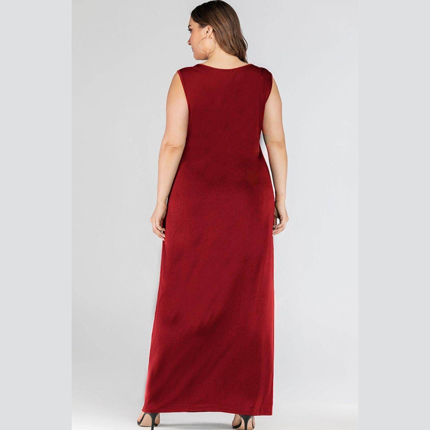Back view of a plus size maxi tank dress in burgundy, perfect for casual outings or beach days