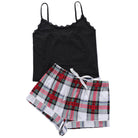 Black plus size scoop neck pajamas set with lace trim and plaid shorts for stylish comfort