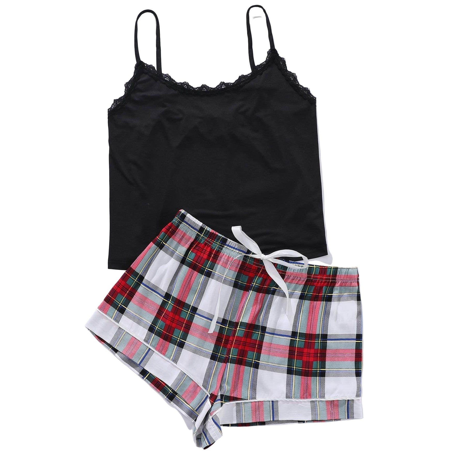 Black plus size scoop neck pajamas set with lace trim and plaid shorts for stylish comfort
