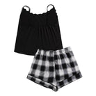Trendsi plus size scoop neck pajamas set featuring a black tank top and black and white plaid shorts
