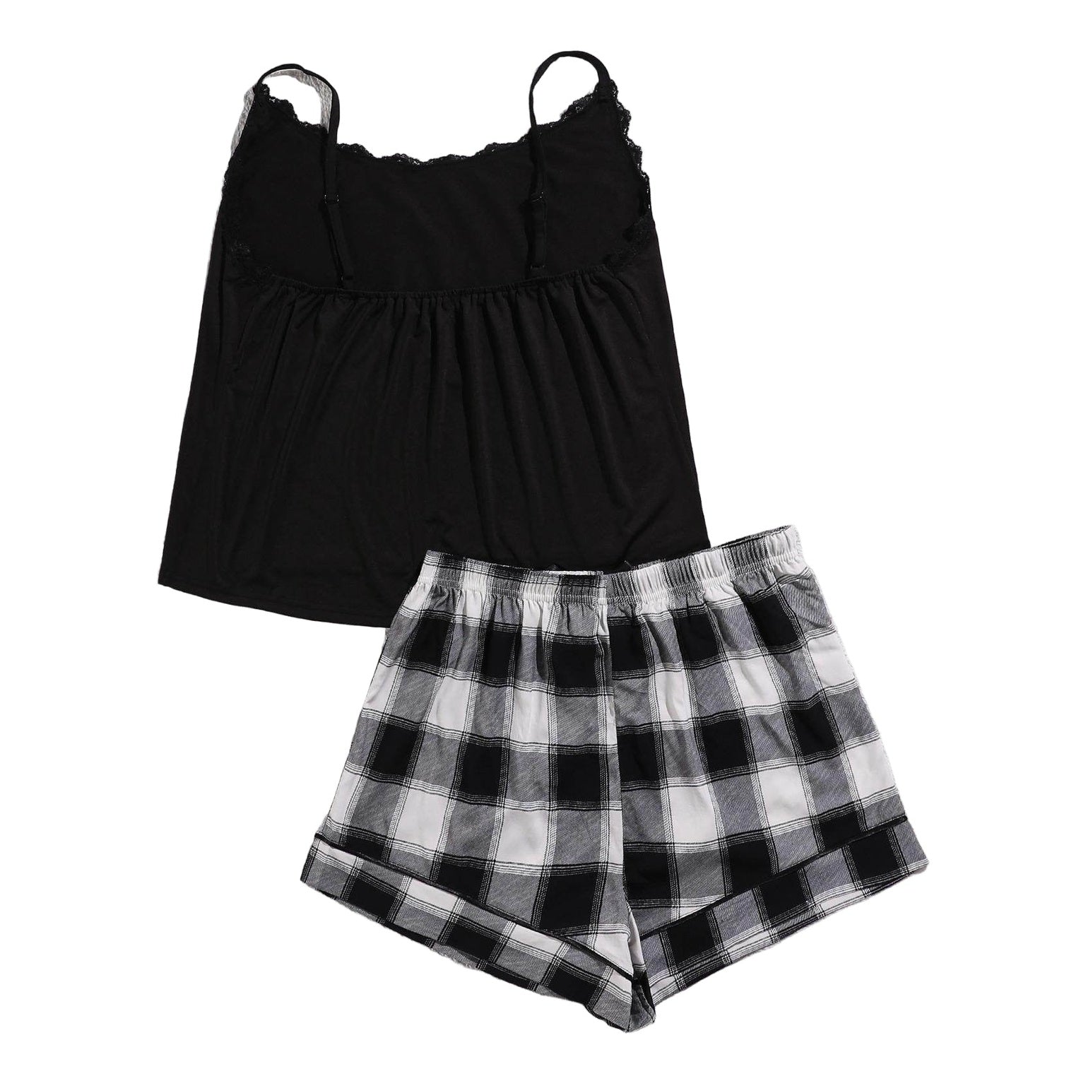 Trendsi plus size scoop neck pajamas set featuring a black tank top and black and white plaid shorts