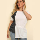 Trendsi plus size striped t-shirt with a stylish split design and elastic waist detail