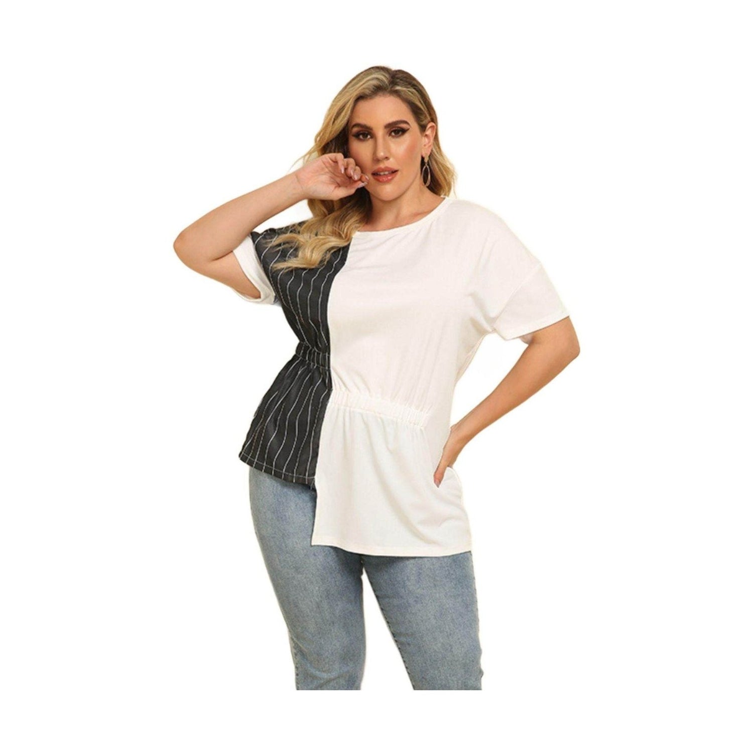 Trendsi plus size striped t-shirt featuring a stylish color-block design with short sleeves