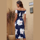 Elegant women's printed split maxi dress in navy blue with floral pattern and off-shoulder design