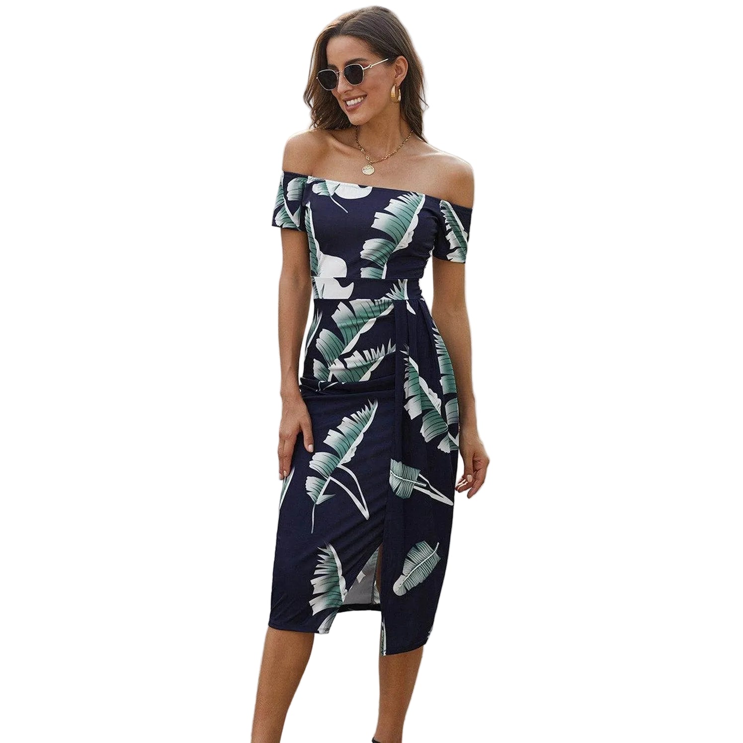 Trendsi printed split maxi dress featuring an off-shoulder design with tropical leaf patterns