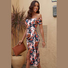 Trendsi printed split maxi dress featuring off-shoulder style and floral print for a chic look