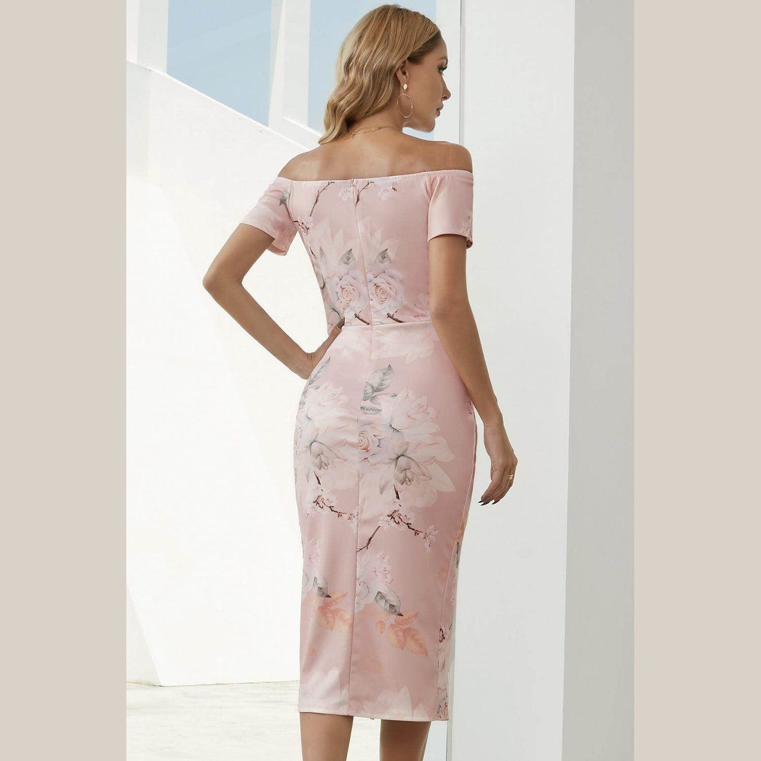 Trendsi printed split maxi dress in soft pink with floral design and off-shoulder neckline