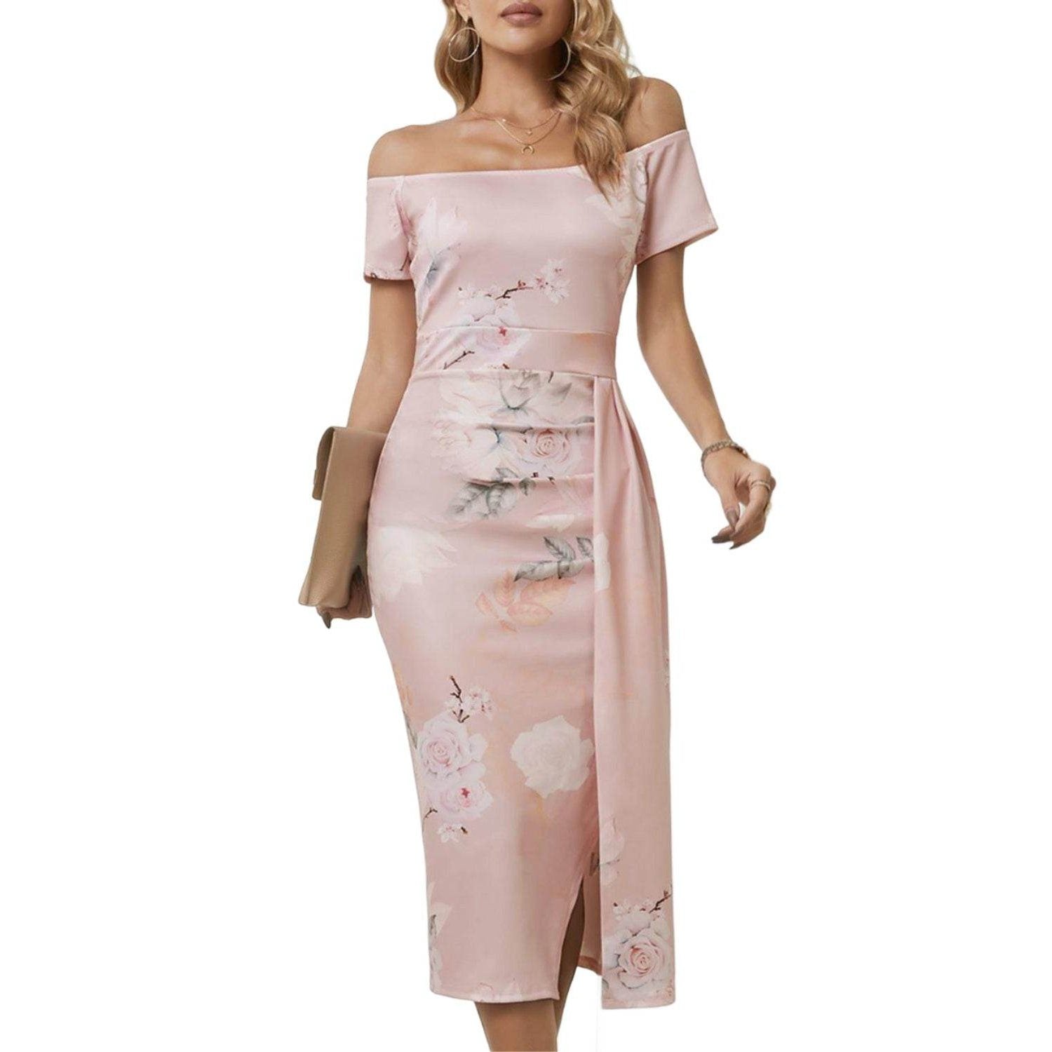 Trendsi printed split maxi dress in pink with floral design and off-shoulder neckline