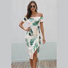 Trendsi printed split maxi dress with off-shoulder design and tropical leaf print