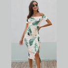 Trendsi printed split maxi dress with off-shoulder design and tropical leaf pattern